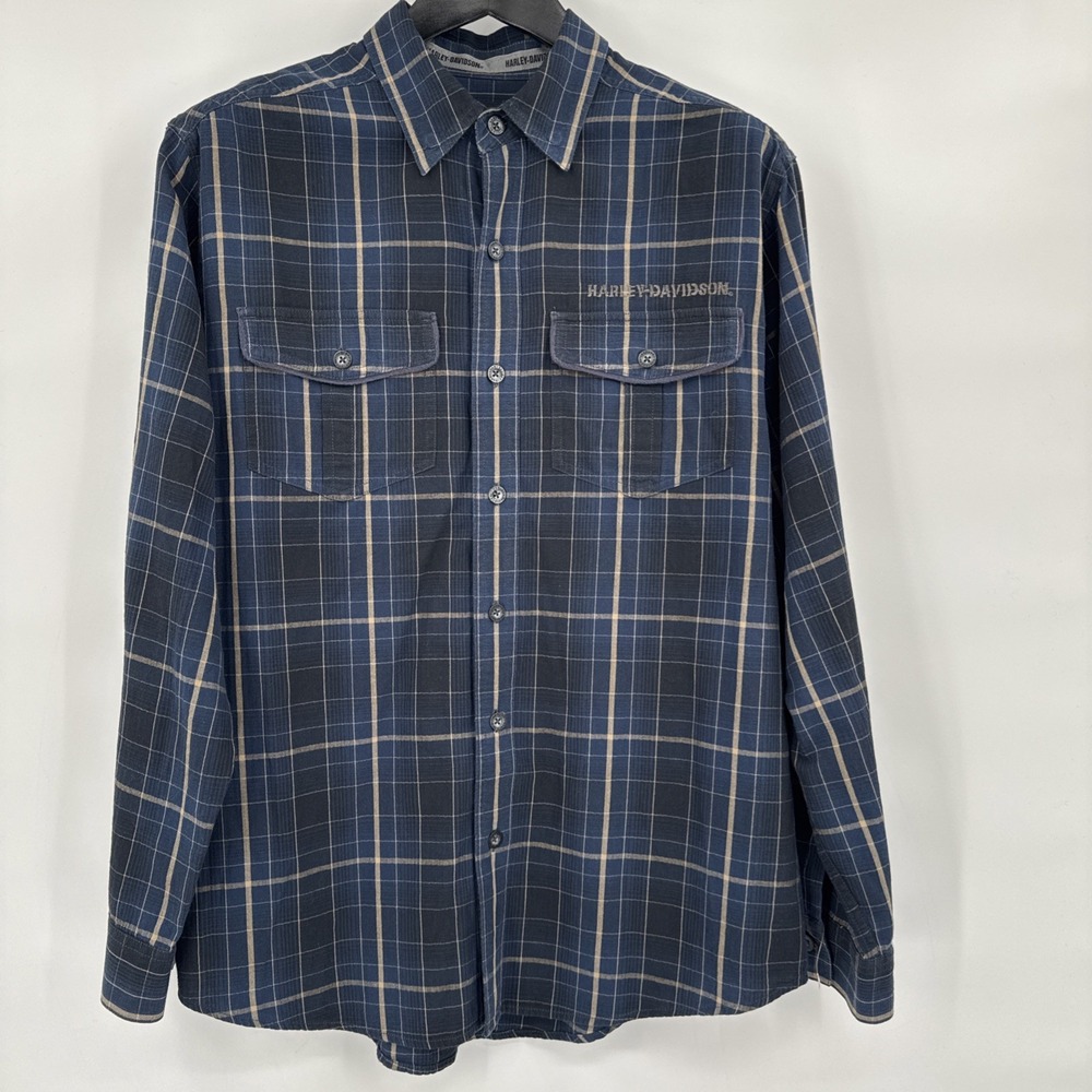 Harley Davidson Button Up Shirt Long Sleeve‎ Blue Plaid Mens XL Moto